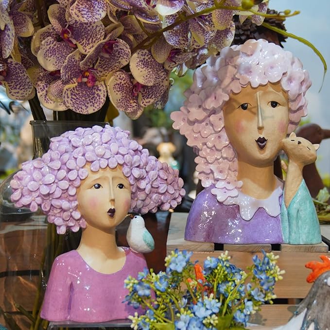 DiliComing Garden-Statues Women-Head Statues for Home Decor - 13 Inch Women with Cat Modern Art Statue, Resin Cat Sculptures for Garden, Tabletop, Livingroom and Office(Purple)