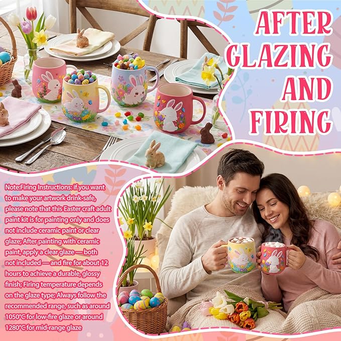 Zubebe 4 Sets Easter Paint Your Own Mugs Craft Kit, Bunny Ceramic to Paint, DIY Mugs for Adults, Festive Coffee Tea Cup for Adults with Painting Set for Easter Basket Stuffers Family Party Favors Gift