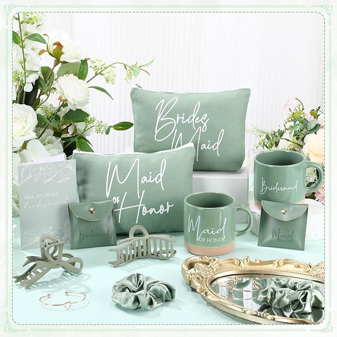 42 Pcs 6 Sets Wedding Favors Bridesmaid Proposal Gifts Maid of Honor Ceramic Coffee Cups Cosmetic Makeup Bags Invited Cards Scrunchies Knotted Bracelets Jewelry Bags Hair Claw Clips(Green)