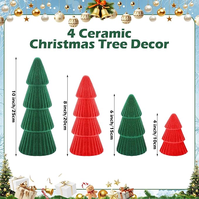 Aneco 4 Pack Velvet Ceramic Christmas Tree Christmas Indoor Decorations Modern Cone Xmas Tabletop Decor for Home Entryway Table Mantel Centerpiece Winter Holiday Party Supplies, Green, Red