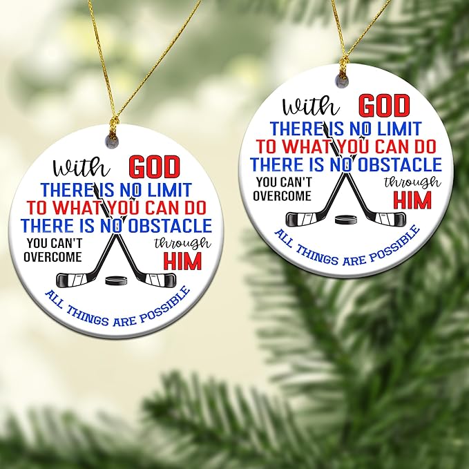 Ice Hockey Christmas Ornament -Round Ceramic 3", Holiday Tree Decoration Keepsake, Hockey Player for Boys Girls