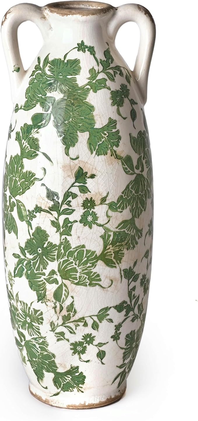VICTOR & TERESA Green White Floor Vase for Pampas Grass, 11'' Tall Vase for Home Decor, Ceramic Farmhouse Decorative Large Vases for Flower, Mantel, Living Room, Shelf, Centerpieces, Gift for Mom