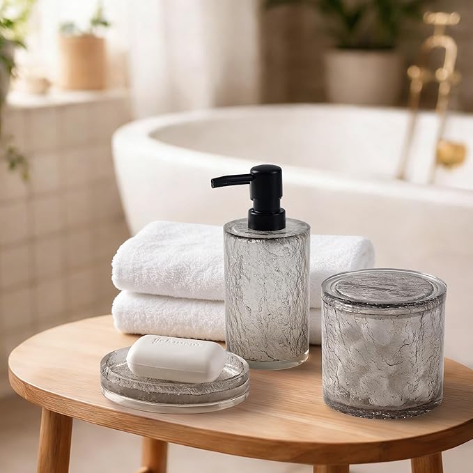 Modern 4 Pcs Resin Bathroom Accessories Set: Soap Dispenser, Toothbrush Holder, Tumbler, Soap Dish, Unbreakable, Durable, Easy to Clean, Bark Pattern, Translucent Black