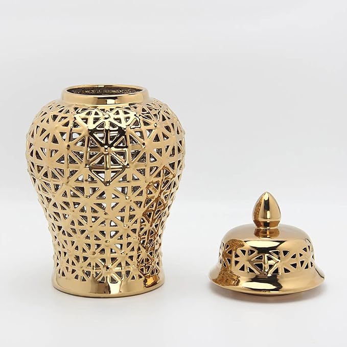 Noori Home - 100% Modern Glam Artisan Ceramic ARIA Large Gold Ginger Jar Urns with Lid 8.75x8.75x16.5
