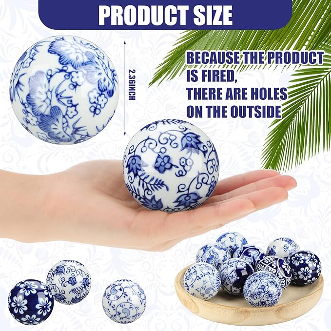 Vesici 9 Pcs Blue and White Porcelain Balls Decorative Chinoiserie Orbs for Centerpiece Bowls China Ceramic Balls Farmhouse Basket Tray Vases Decoration Gifts for Dining Table Holiday(Vintage Style)