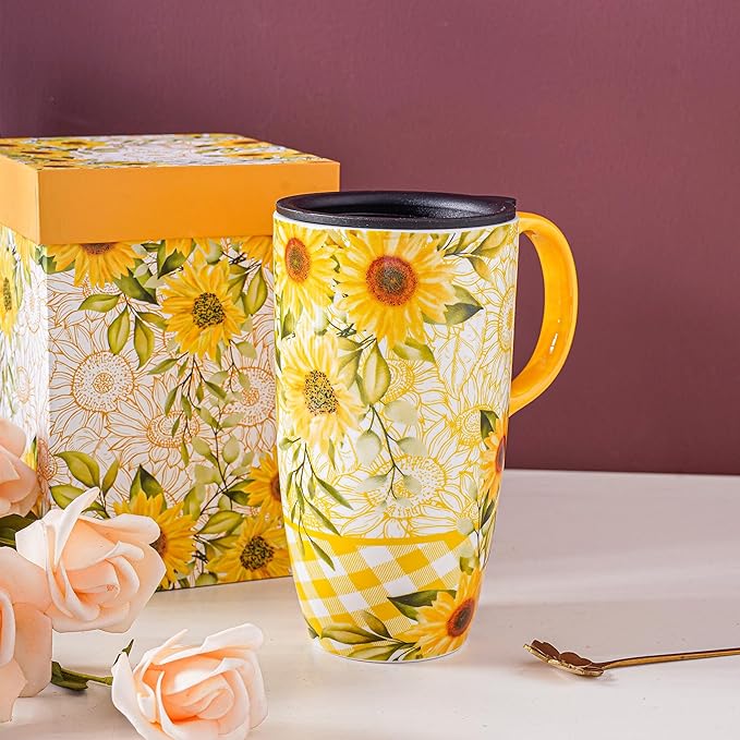 DUSVALLY Ceramic Tall Coffee Mug, Friends Coffee Cup Gift Set, Travel Mug with Lid for Office and Home, Porcelain Mug Unique Gifts for Women and Man, Color Box, 17 oz, Yellow Sunflower
