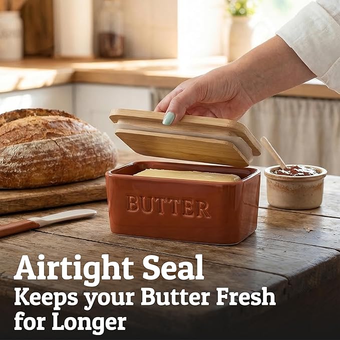 PriorityChef Extra Large Butter Dish with Lid for Countertop, Ceramic Butter Container With Airtight Cover, Butter Keeper for Counter or Fridge, Butter Holder Storage, Rust