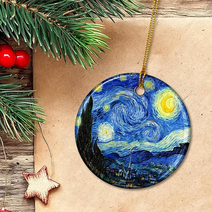 Starry Night Style Ceramic Christmas Ornaments – Artistic Blue Holiday Decor for Tree, Famous Painting Inspired Art Ornament, Elegant Artist Gift