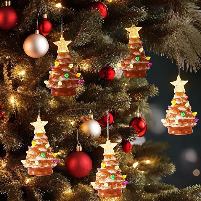 Leinuosen 6 Set Mini 4 Inch Ceramic Christmas Tree with Multicolored Lights Xmas Tree Hanging Light up Ornaments Pre Lit Hand Painted for Tabletop Home Office Table Holiday Decorations(Khaki,Star)