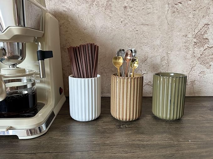 Stoneware Coffee Bar Utensil Holder Tea & Coffee Spoon & Stirrer Holder for Stir Stick Straw Teaspoon Holder Spoon Cup Small Utensil Jar Fluted Vertical Stripe (Rustic Brown)