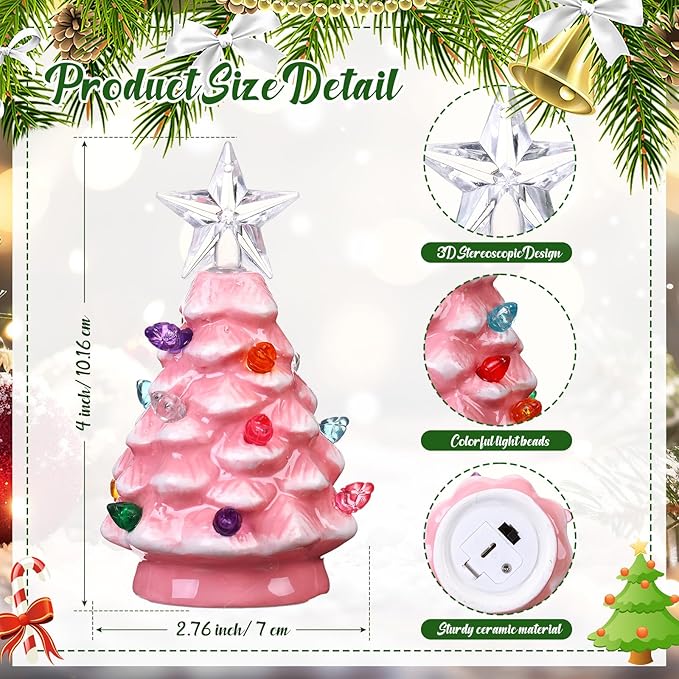 Leinuosen 6 Set Mini 4 Inch Ceramic Christmas Tree with Multicolored Lights Xmas Tree Hanging Light up Ornaments Pre Lit Hand Painted for Tabletop Home Office Table Holiday Decorations(Pink,Star)