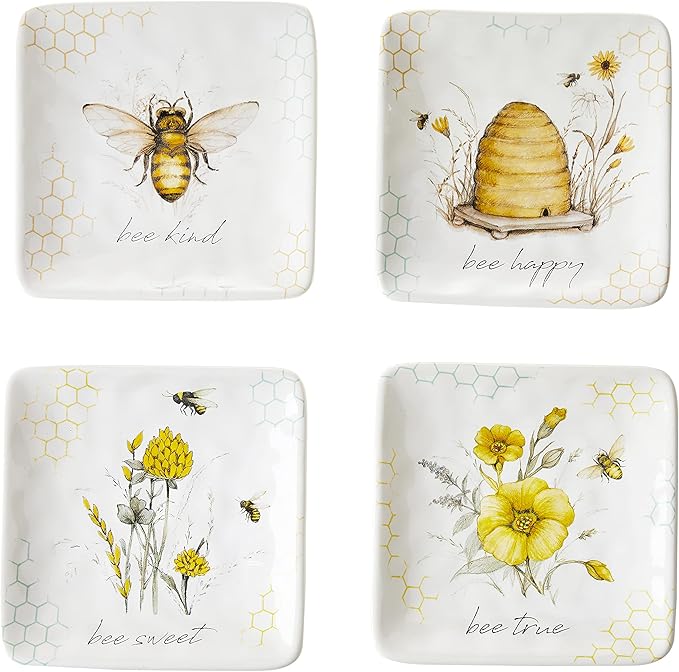Bee Sweet 6" Canapé & Luncheon Plates, Set of 4 – Assorted Bee & Floral Designs with Uplifting Sayings, Durable Ceramic Appetizer Plates for Spring Entertaining & Cottagecore Décor