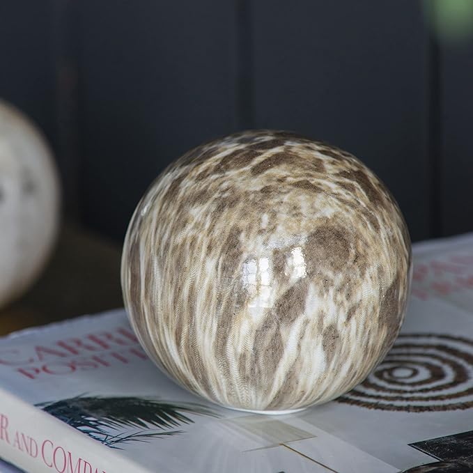 A&B Home Tan Decorative Marble Balls - Flat Base Table Centerpieces Beige Marbleized Ball with Flat Side, Set of 6 Ceramic Spheres, 4 inch