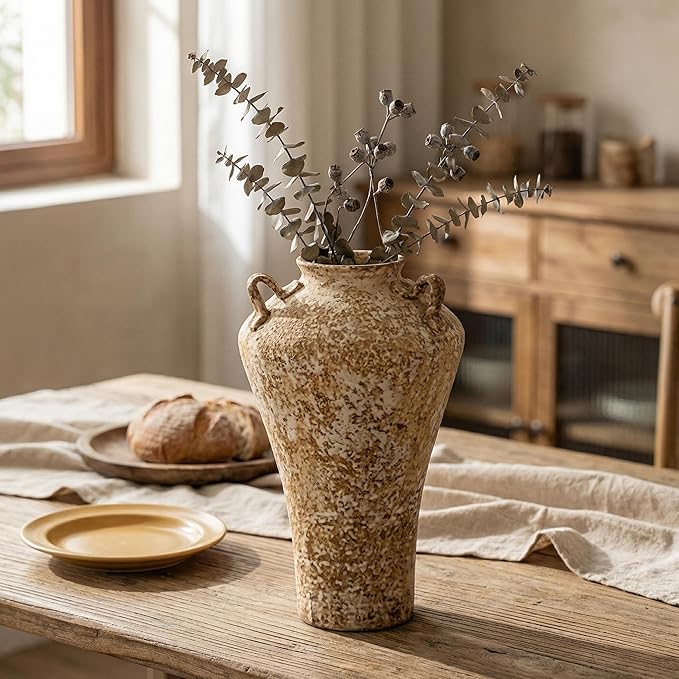 Ceramic Rustic Farmhouse Vase,Extra Large Terra Cotta Vase, Huge Pottery Decorative Flower Vases for Living Room Entryway Table Centerpiece Decor(12.5'' X 7.8'' x 7.8'') (Castle)