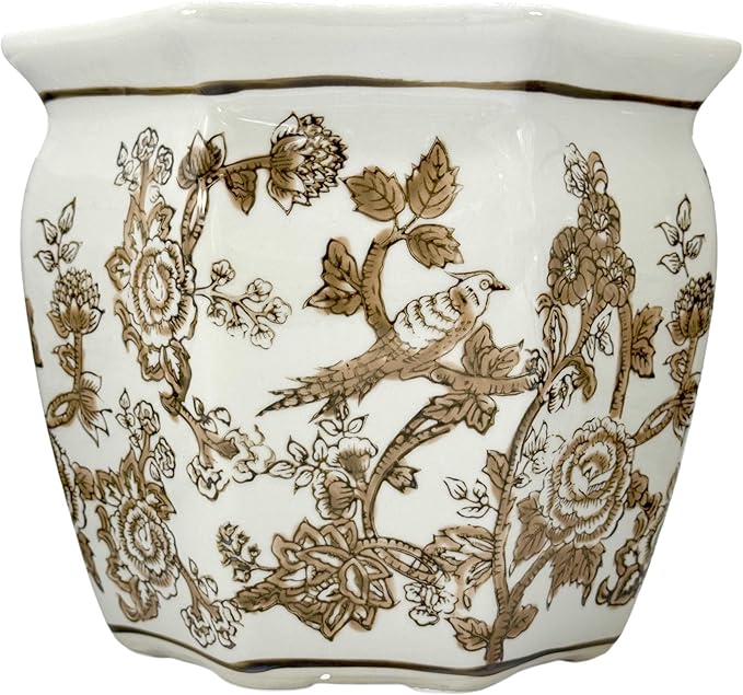 Galt International Brown & White Round Fluted Floral Porcelain Ceramic Plant Flower Planter Pot Set of 3 (7.5", 10", 13") Garden Pots Chinese Asian Design