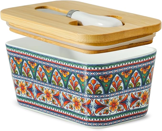 Hasense Ceramic Butter Dish with Lid,Butter Dish with Lid for Countertop,Airtight Covered Butter Keeper with Bamboo Lid and Knife,Butter Holder for Counter,Green Bloom