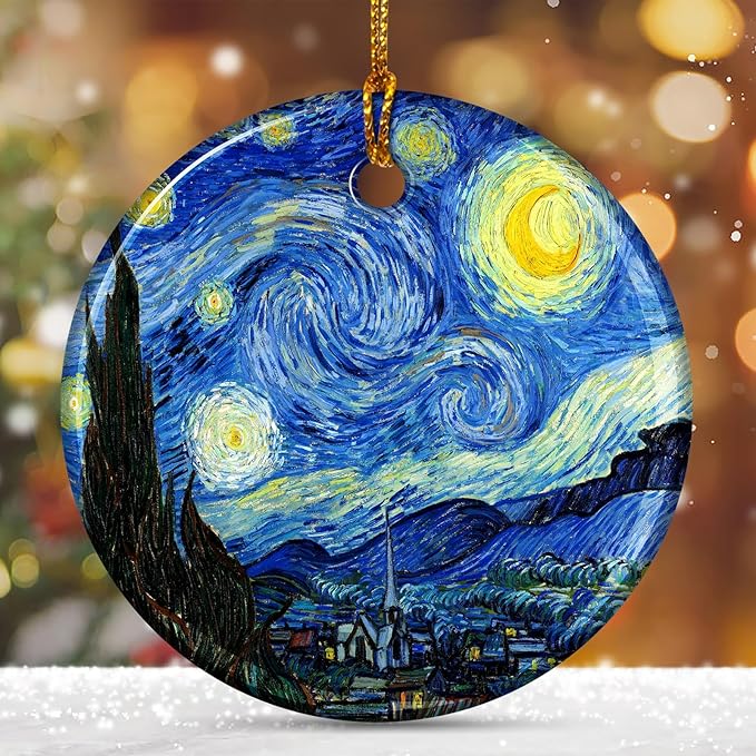 Starry Night Style Ceramic Christmas Ornaments – Artistic Blue Holiday Decor for Tree, Famous Painting Inspired Art Ornament, Elegant Artist Gift