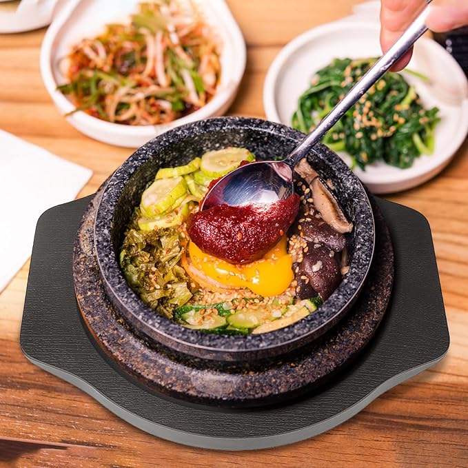 Stone Bowl Trivet, 8.5" Melamine Skillet Underliner, Dolsot Tray with Handles for Korean Ceramic Bowl, Casserole, Hot Pot, Steak Grill Plate, Sizzler Pan (Black)