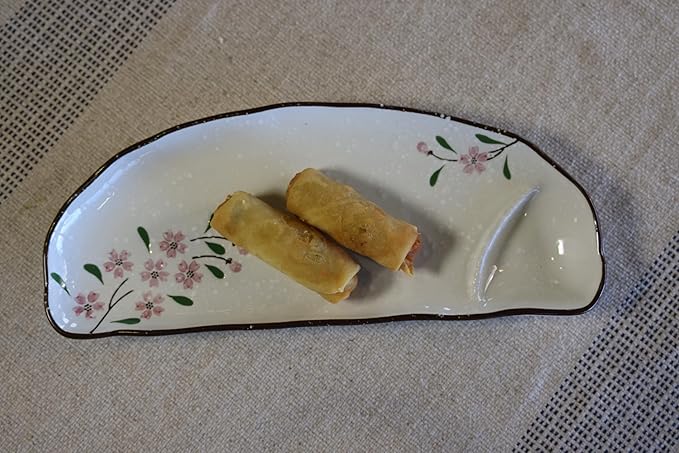 10.8" Half-round Ceramic Japanese Sushi Platter Dumpling Plate with Dipping Saucer for Snack Dessert Salad Fries Gyoza (4Pack, Pink Sakura)