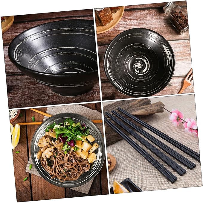 TOYANDONA Classic Ceramic Ramen Bowl Japanese Style Tableware for Soup Salad and Noodles Brush White Includes Wooden Spoon Chopsticks for Restaurants and Home Use