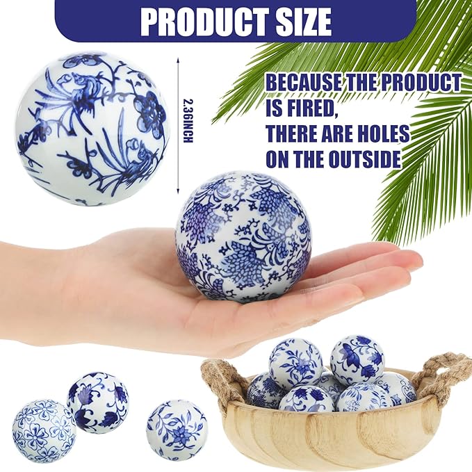 Vesici 9 Pcs Blue and White Porcelain Balls Decorative Chinoiserie Orbs for Centerpiece Bowls China Ceramic Balls Farmhouse Basket Tray Vases Decoration Gifts for Dining Table Holiday(Classic Style)