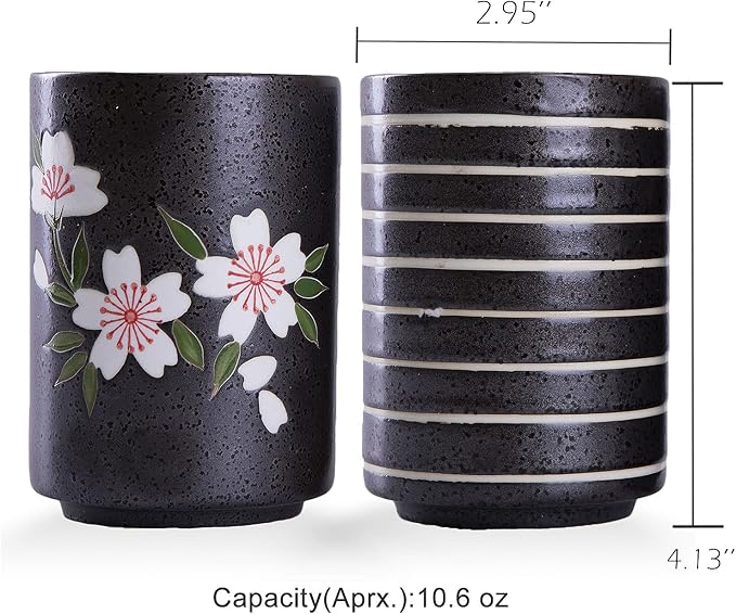 WHJY 10oz Transitional Chinese/Japanese style Handle-less Ceramic Tea cups teacup, Cherry Bloom & Line Pattern Set of 2
