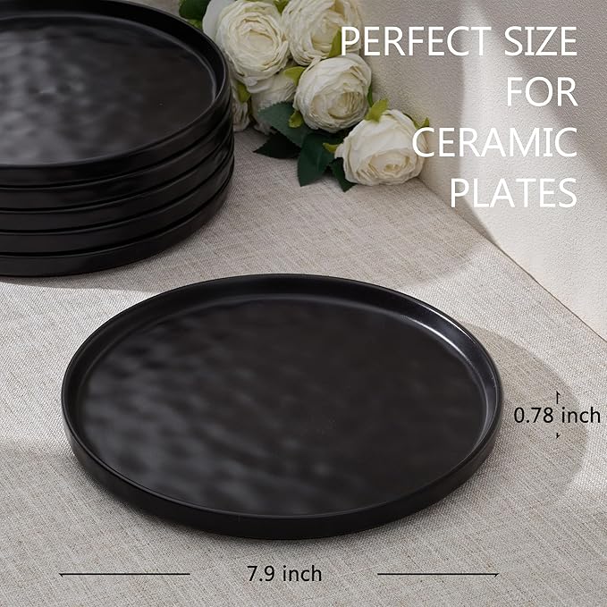 LIANYU Ceramic Dinner Plates Set for 4, 7.9In Porcelain Kitchen Salad Dessert Serving Dishes Set, Modern Round Stoneware Dinnerware Appetizer Plates, Scratch Resistant & Microwavable, Obsidian Black