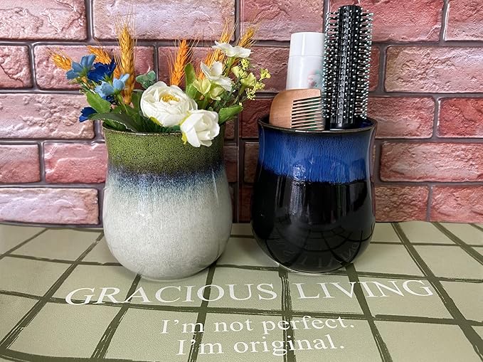 Short Kitchen Utensil Holder for Kitchen Counter, Ceramic Small Utensil Crock & Vase & Holder for Cutlery Spatula Brush Silverware Cooking Utensil Holder (Retro Sapphire)