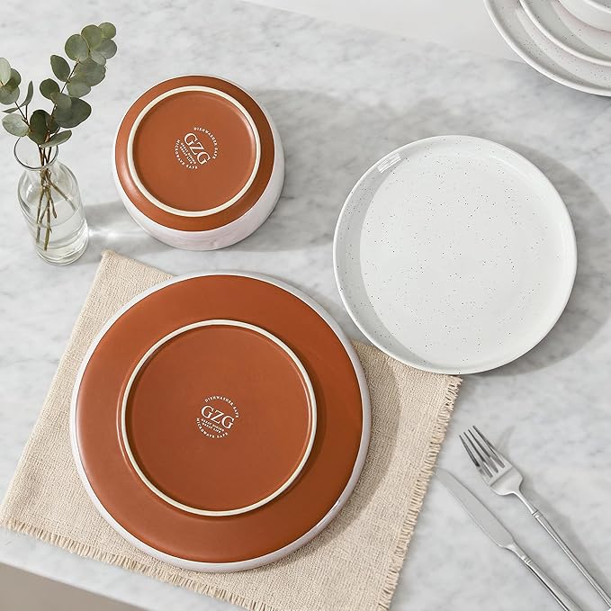 GZG Ceramic Dinner Salad Plates Set of 4, 8 Inch Speckled Dinnerware Dessert Plates with Clay-Tone Base, Microwave Oven Dishwasher Safe