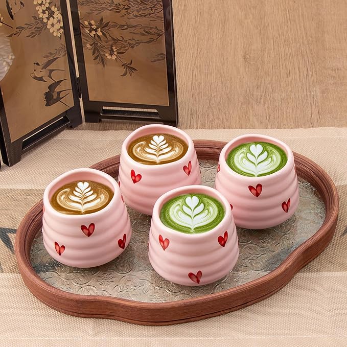 4pcs Japanese Tea Cup Set – 160ml 5.4OZ Ceramic Matcha Cup, Small Handless Espresso Cups, Cute Coffee Mugs for Valentine (Pink Love)