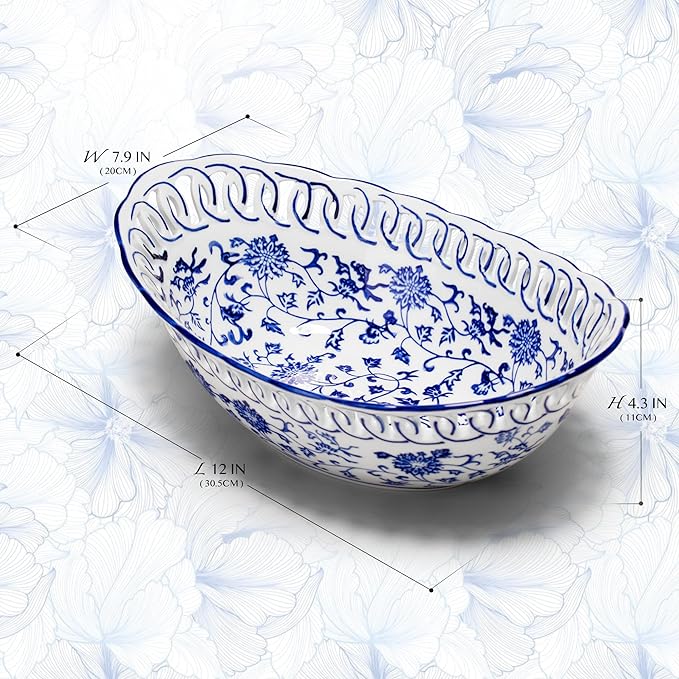 12" Extra Large Blue and White Porcelain Fruit Bowl for Kitchen Counter or Home Decor, Fruit & Vegetable Holder, Large Ceramic Fruit Bowl for Home Decorative Centerpiece