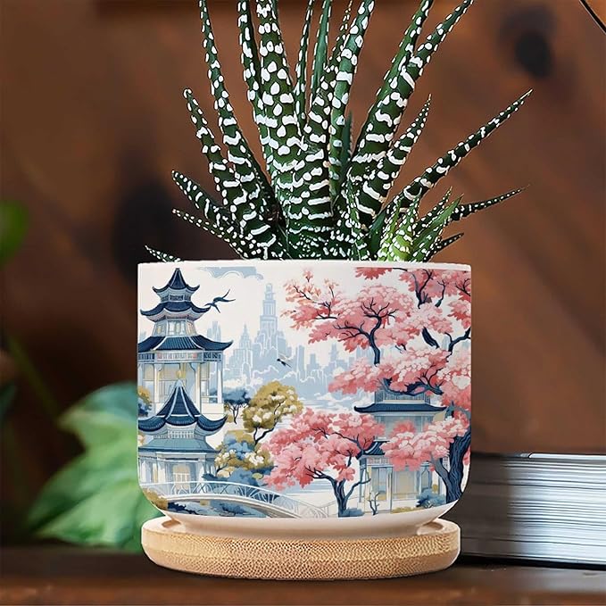 Blue Asia Tiered Tower Coral Pink Flower Ceramics Plant Pot Set of 2 Chinoiserie Garden Scenery Cactus Planter for Indoor with Drainage Chinoiserie Style Small Plant Pot Ceramic
