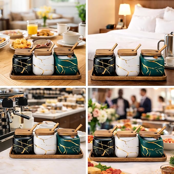 Ceramic Spice Jars Porcelain Condiment Jars Set Marble Ceramic Seasoning Box 3pcs Condiment Pots for salt, sugar, pepper Kitchen Seasoning Condiment Jar Set （Color mixing）