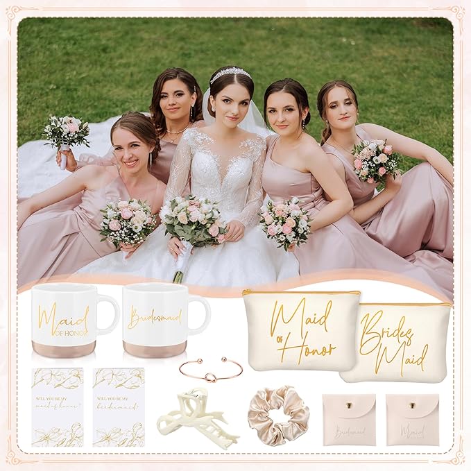 42 Pcs 6 Sets Wedding Favors Bridesmaid Proposal Gifts Maid of Honor Ceramic Coffee Cups Cosmetic Makeup Bags Invited Cards Scrunchies Knotted Bracelets Jewelry Bags Hair Claw Clips(Champagne)