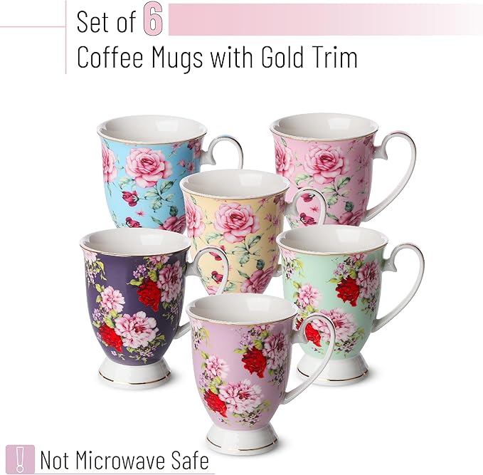 BTaT- Coffee Mugs, 12 oz, Set of 6, Floral Mugs, Porcelain Bone China, Coffee Cups