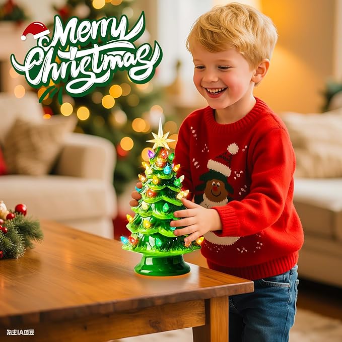 Minetom 13 Inch Ceramic Christmas Tree, Tabletop Christmas Tree with Multicolored LED Lights and Star, Battery Operated Vintage Lighted Ceramic Tree for Home Office Table Holiday Decorations