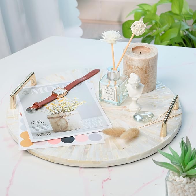 PEMAR Mother of Pearl Decorative Tray, 13"" Round with Gold Metal Handles, Vanity/Perfume/Trinket Tray, Catchall for Dresser, Bathroom, Vanity Table (White Sunlight), PM24-PM15