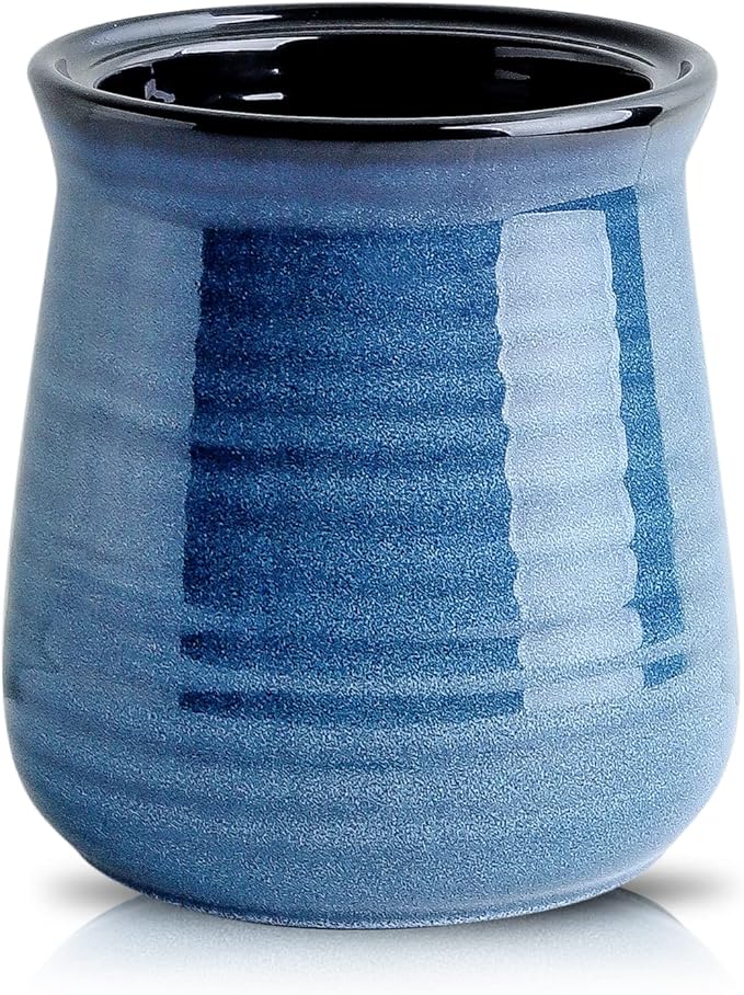 HASENSE Large Utensil Holder Crock for Kitchen Counter, 7.1" Ceramic Cooking Utensil Organizer for Countertop, Farmhouse Vintage Utensil Caddy for Spatula Spoon, Rustic Home Table Decor, Blue