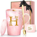 Personalized Ceramic Coffee Mug Gifts for Women, 14 Oz Pink Initial Customized Gift Coffee Mug with Lid, Birthday Christmas Mother's Day Gifts for Her Wife Mom Grandma Friend Sister Unique,H