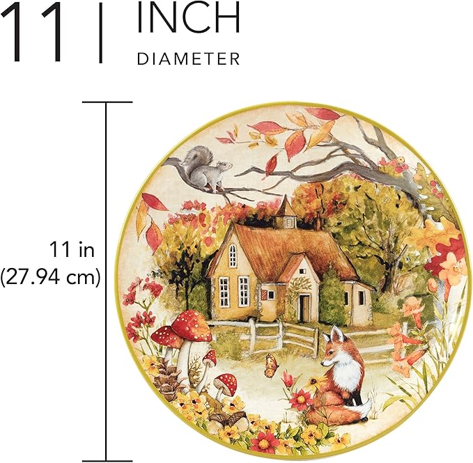 Woodland Critters 11" Ceramic Dinner Plates, Set of 4 – Whimsical Forest Animal and Cottage Scene – Nature-Inspired Tableware for Fall, Kids Parties, Holiday Meals, Gifting, and Rustic Décor