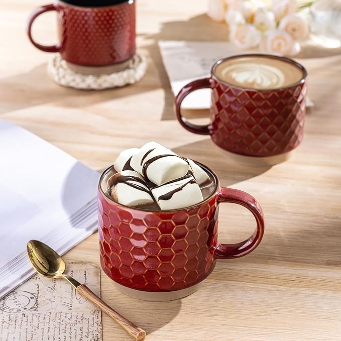 GBhome 15OZ Stackable Coffee Mugs Set of 4, Ceramic Coffee Cups with Texture Patterns for Man,Woman. Elegant Mugs Set for Latte/Cappuccino/Cocoa. Dishwasher&Microwave Safe, Red