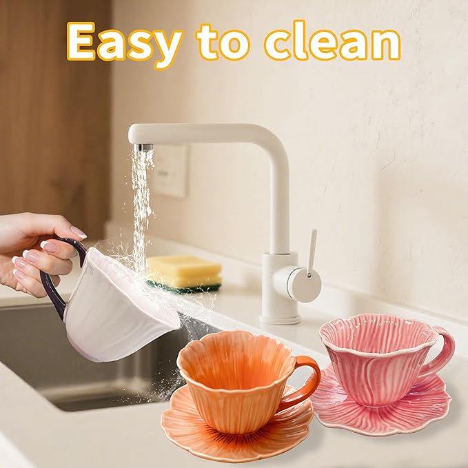 JUSONEY 10 oz Tea Cups and Saucers, Ceramic Flower-shaped Cappuccino Cup, Latte Cup and Saucer set, elegant floral Espresso Cup set, cups are microwave and dishwasher safe-Orange