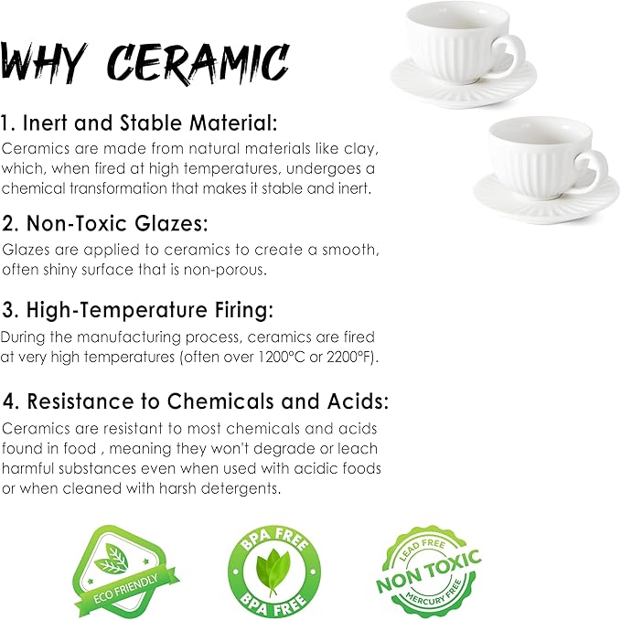 4 oz White Espresso Cups Set of 2, Ceramic Cappuccino Cups with Saucers, Durable Porcelain Tea Set & Modern Coffee Cup Collection, Coffee Lover Gifts