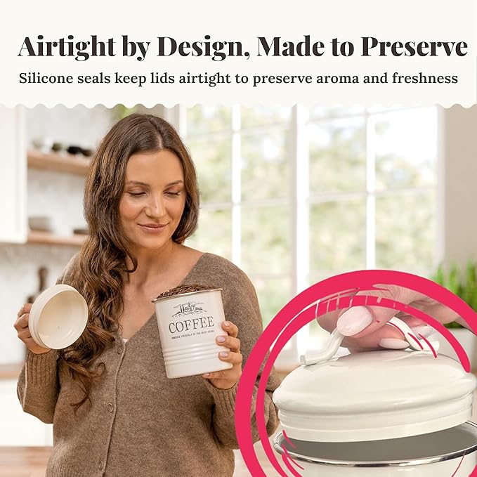 Kitchen Canisters for Countertop – 3-Piece Airtight Canister Set for the Kitchen Counter with Utensil Holder – Flour Sugar Containers – Cream-White Magnolia Finish