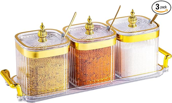 3 Pack Clear Condiment Spice Jars with Lids, Spoons, Tray - Plastic Seasoning Box Set for Salt, Pepper, Sugar - Kitchen Storage