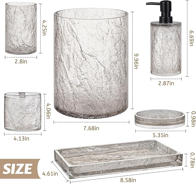 Modern 6 Pcs Resin Bathroom Accessories Set: Soap Dispenser, Toothbrush Holder, Tumbler, Soap Dish,Tray,Trash Can,Unbreakable, Durable, Easy to Clean, Bark Pattern, Translucent Black