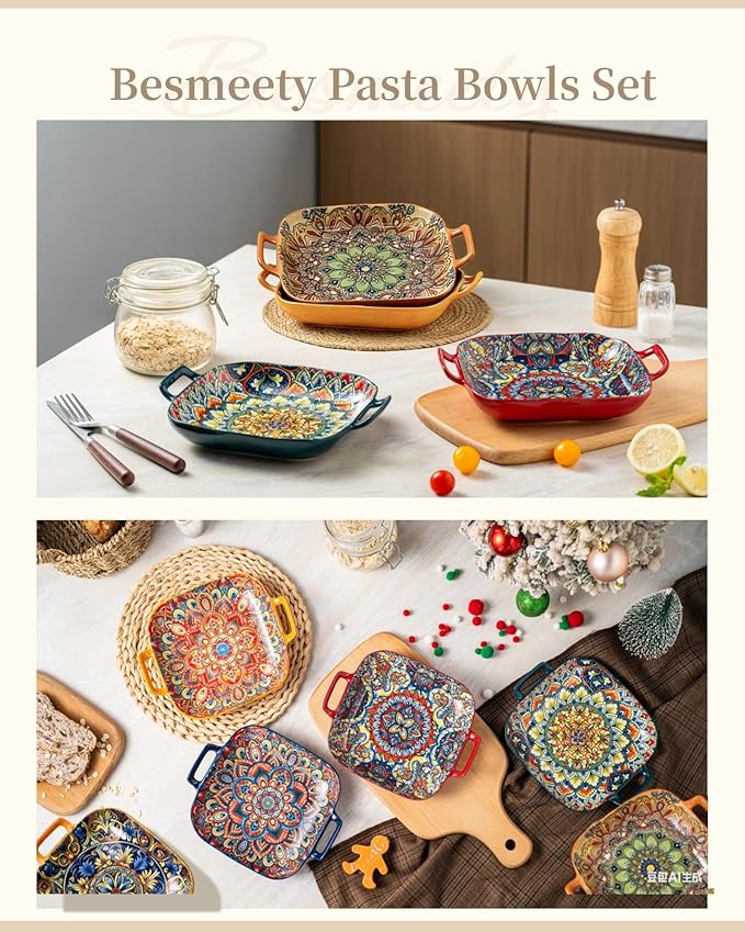 Besmeety Square Pasta Bowls with Handle, Boho Salad Serving Bowls Set of 2, Ceramic 7.09" Pasta Plates for Housewarming Present, Party (Yellow+Orange1)