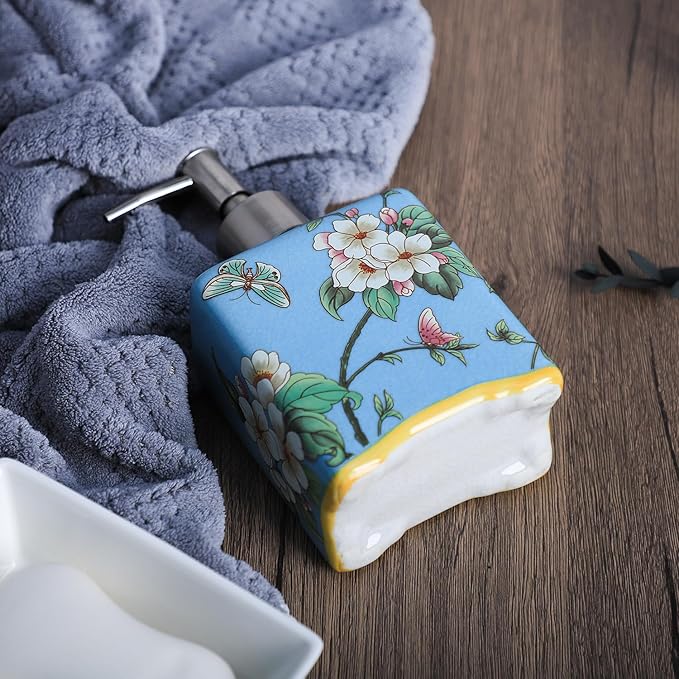 Ceramic Soap Dispenser, Lotion Bottle with Removable Pump, Flower Pattern Dispenser for Kitchen and Bathroom - Blue, 13 OZ