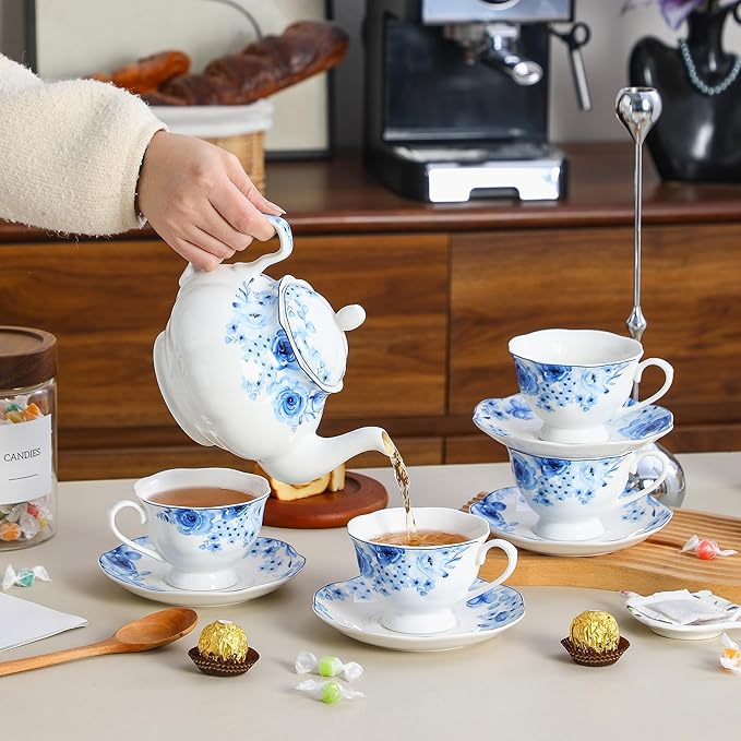 Porcelain Tea Cup and Saucer Set of 6 (12-Piece) - 6oz Cups with Classic Blue Floral Pattern for Tea Party, Dishwasher & Microwave Safe