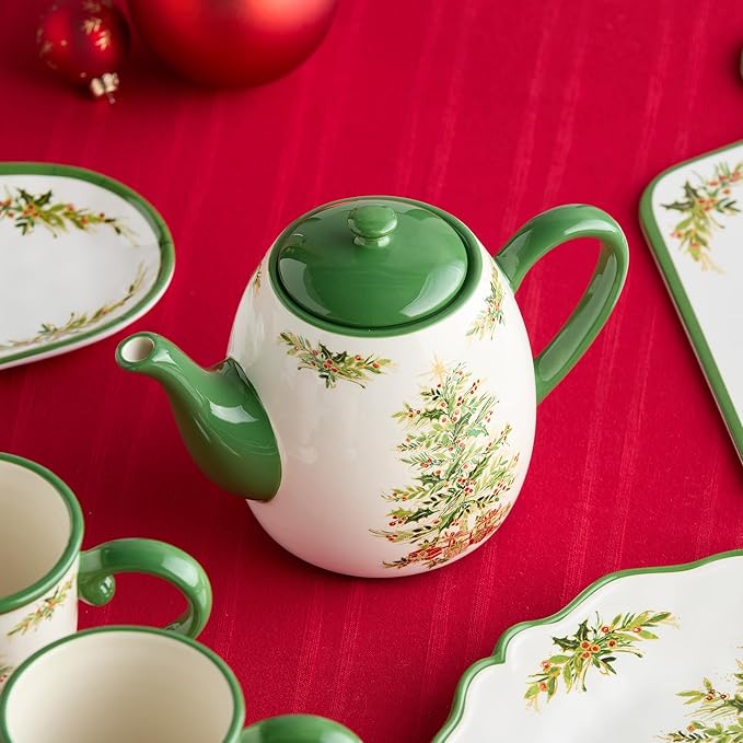 Holly Tree Christmas Teapot – 36oz Ceramic Holiday Teapot with Classic Tree Design, Perfect for Winter Tea Service, Decorative and Functional, and Collectible
